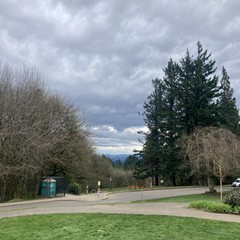 Low deck of broken clouds, separate but with no blue sky, cloaks Mt. Hood on the horizon. The intervening greenery is vivid in the warm, still, gray spring air