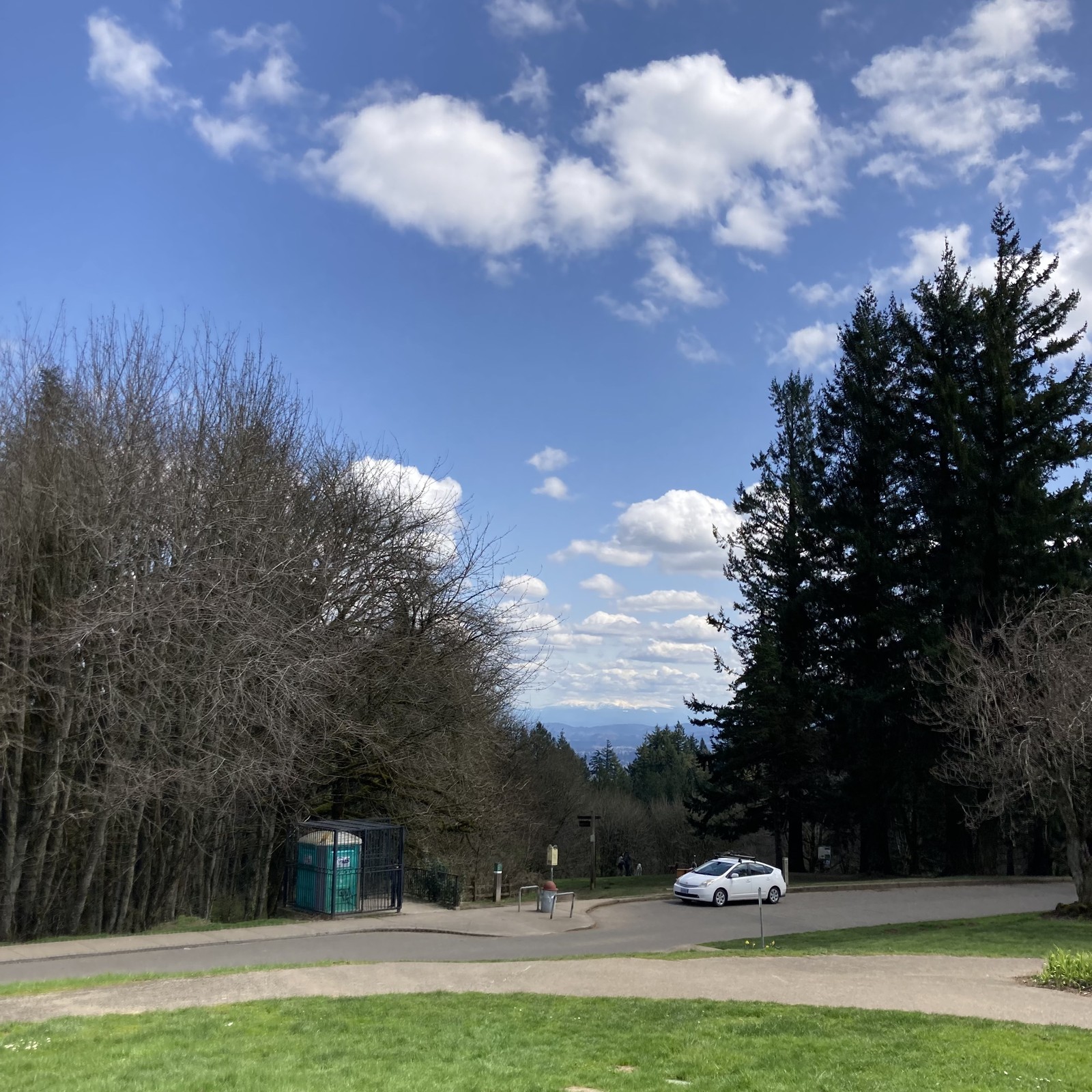 View from Council Crest Park toward Mt. Hood, which is partially visible under a blue sky dotted with small fluffy clouds