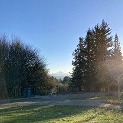 View from Council Crest Park toward Mt. Hood, which is visible under a crystal clear winter sky at sunrise