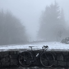 View from Council Crest toward Mt. Hood, which is completely obscured by a thick icy fog that narrows visibility to perhaps 200'. Tall firs loom like solemn giants at the edge of visibility in the murk. In the foreground, a cyclocross-style bicycle leans against a waist-heigh stone wall. The bicycle is equipped with a coffee thermos, brass bell, and headlight. Snow and slushy ice cover the ground throughout the scene. The entire aspect is dim and icily quiet