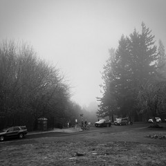 View from Council Crest toward Mt. Hood, which is hidden behind a veil of mist and fog hiding everything beyond 200 yards or so. The sky is a dull gray blankness. In the mid-foreground, near the park portapotty, two road cyclists in expensive kit are leaning on their bikes and having a conversation. Several other cars are parked along the road nearby; most belong to the habitual park dog-walkers, two of which are visible downslope. Someone is unloading a mountain bike (possibly electric) from the back of a car. All of this activity occupies only a tiny sliver of the total photo area. Photo is desaturated of color with heightened contrast. Despite the relative activity in the scene the overall effect is one of cold bleakness and human insignificance.