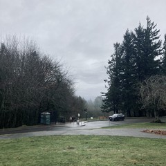 View from Council Crest park toward Mt. Hood, which is hidden behind many layers of heavy gray clouds. The kind of sky once described as “the color of a television tuned to a dead channel.” A thin mist hangs in the mid-distance. The streets are wet in a light rain.