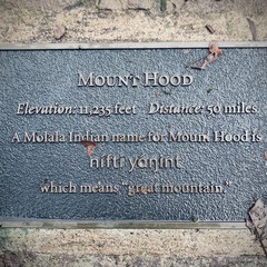 Close up of the bronze plaque at Council Crest Park facing toward Mt. Hood. It reads:  Mt. Hood — Elevation 11,235 feet — Distance: 50 miles — A Molala Indian [sic] name for Mount Hood is nífti yáŋint which means “great mountain”