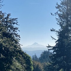 Mt. Hood as a an outline against a bright blue late summer mid-morning sky