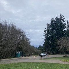 View from Council Crest Park toward Mt. Hood, which is hidden by a nearly uniform pall of gray sky. About 50-100' away, a Parks bureau employee is trimming the grass along the edge of the curb.