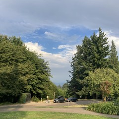 View east from Council Crest toward Mt. Hood, which is hidden behind clouds and a heavy hazy. There is a patch of clear sky overhead