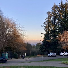 The very tip of the mountain is visible above a layer of low marine clouds. All is aglow in the sunset.