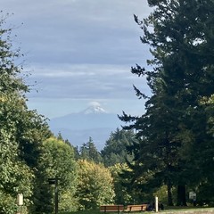 Mt. Hood appears to be wearing a little white hat, a lenticular cloud clinging to its peak. Fall snows are starting to accumulate above treeline