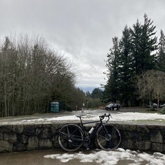 View from Council Crest Park toward mt. Hood, which is obscured by a high deck of dull stratus clouds. Dirty, icy, 10-day-old snow clings to the walkways, compacted by 1000s of footsteps. In the foreground a bicycle leans against a decorative stone wall. About 50' away and somewhat downhill, a person is loading a large white dog into an SUV